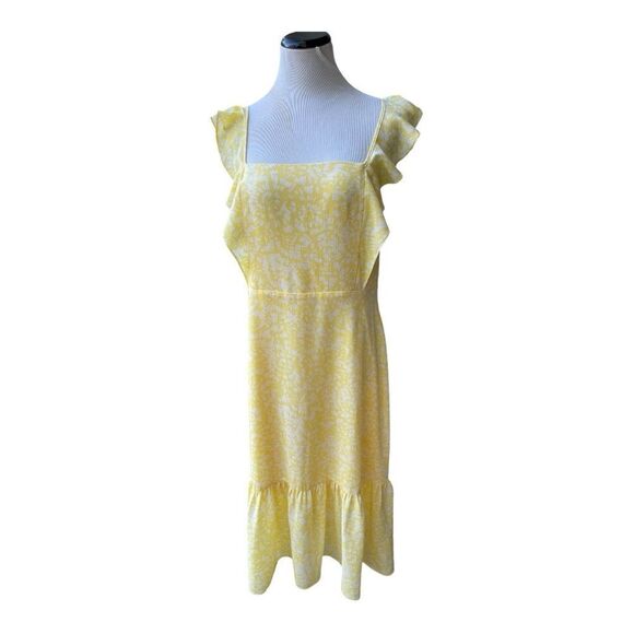 BCBG Paris Yellow White Flutter Sleeves Square Neckline Dress Size Large EUC - Picture 1 of 7